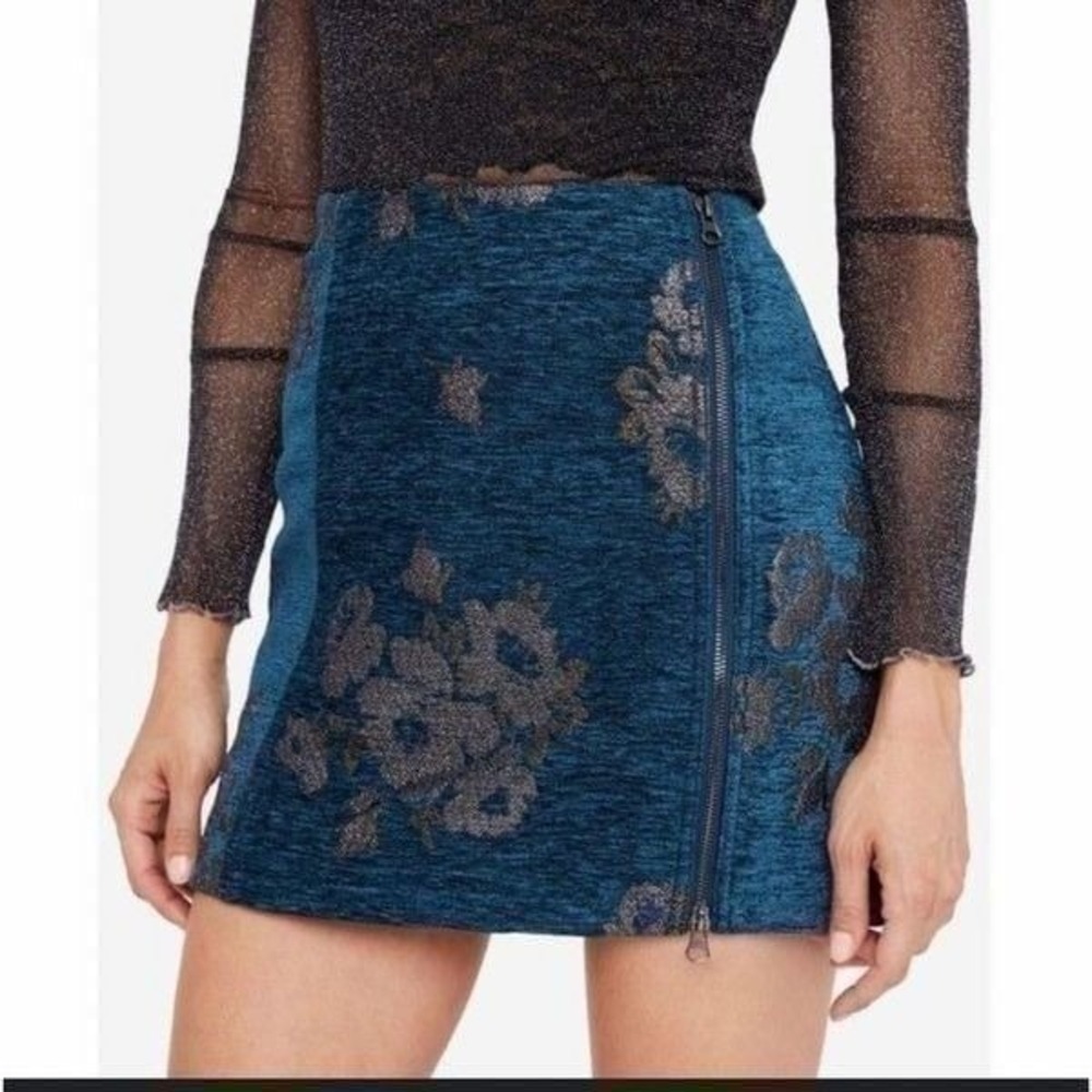 NWOT Free People Movin On Teal Blue Embroidered Mini Skirt Size 2